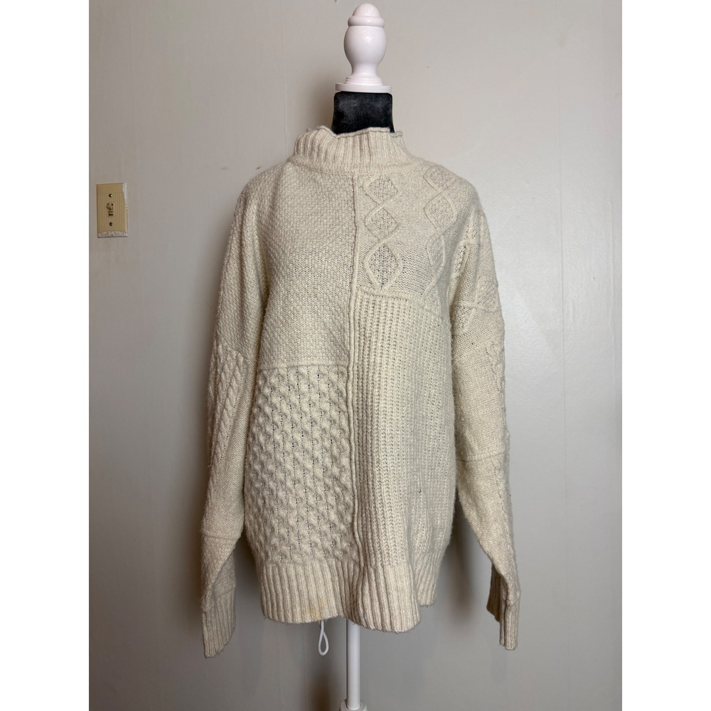 AE oversized Cream Patchwork Cable Knit Mock Neck Sweater XL fisherman coastal